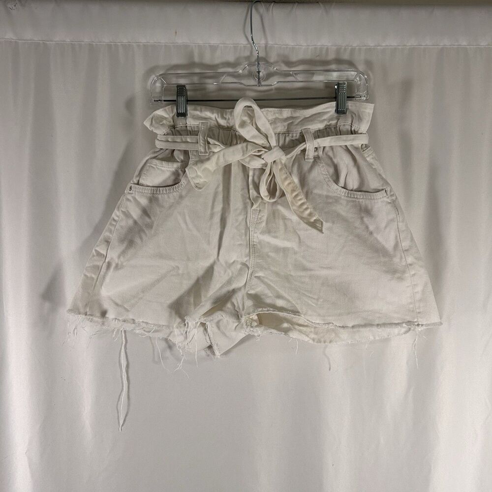 All Saints Paperbag Denim Shorts Women's 32 White Raw Hem Belted Pockets Stretch - Picture 1 of 8